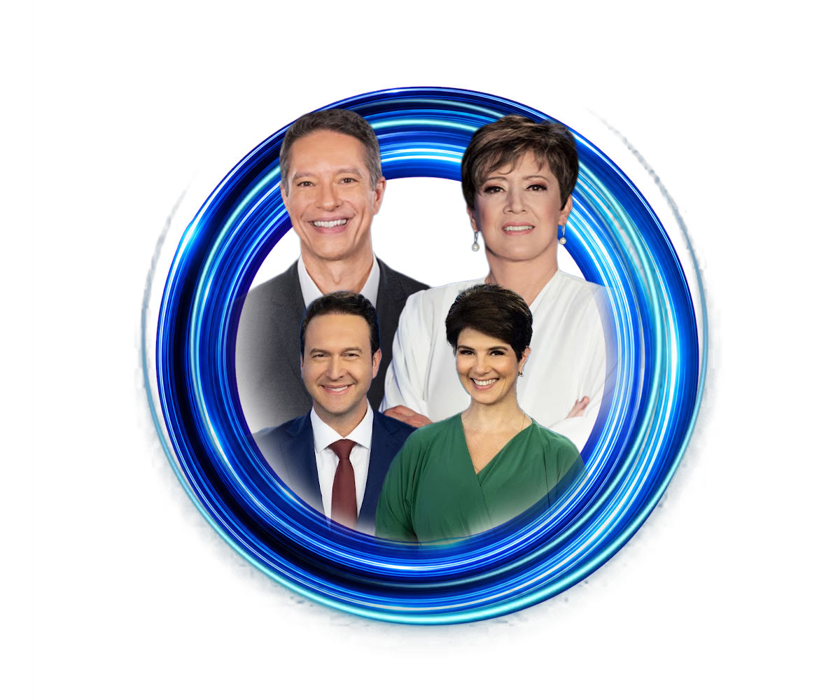 Quatro apresentadores de jornalismo sorrindo dentro de uma moldura circular azul em fundo branco.