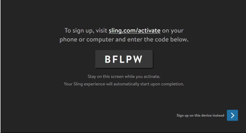 sling activation screen with alphanumeric code (do not use)