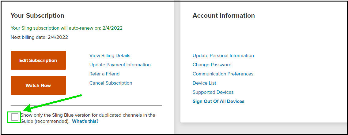 my account screen