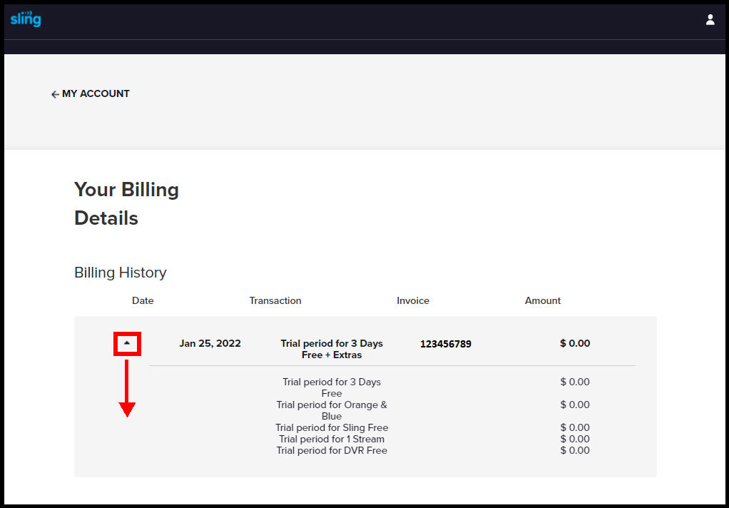 my account dashboard - billing history