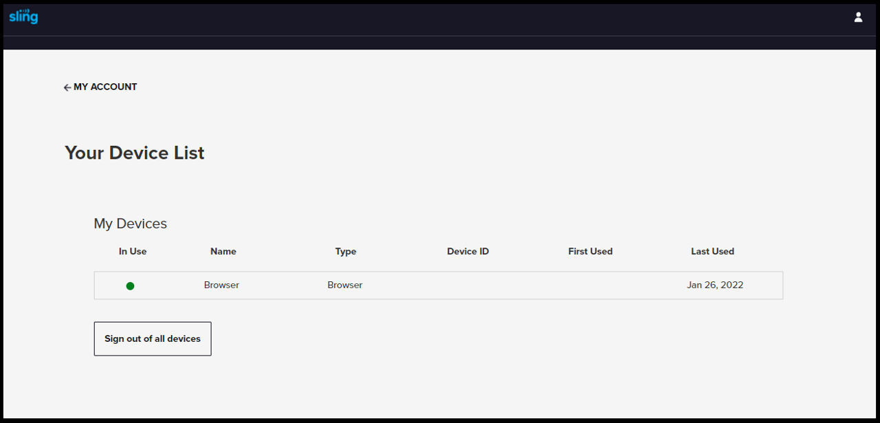 my account dashboard - device list