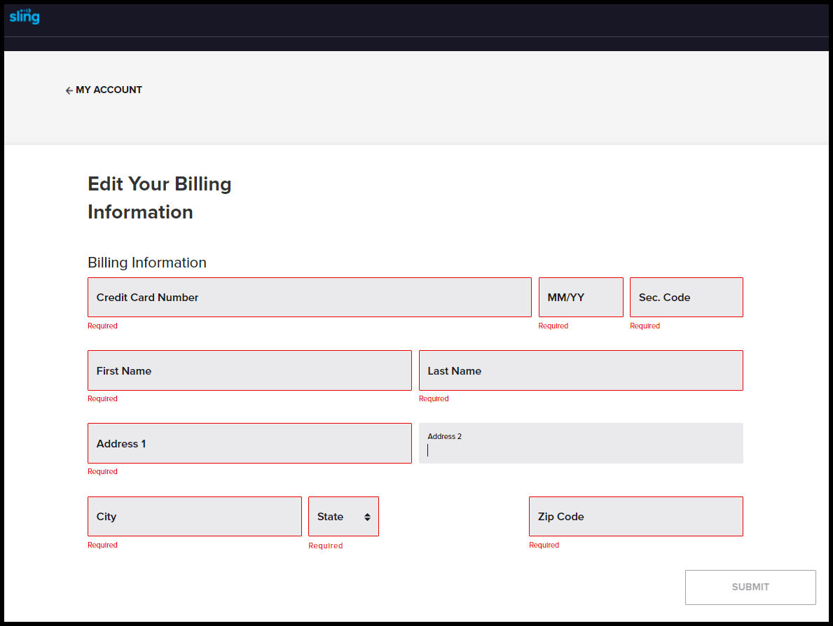 my account dashboard - update card fields