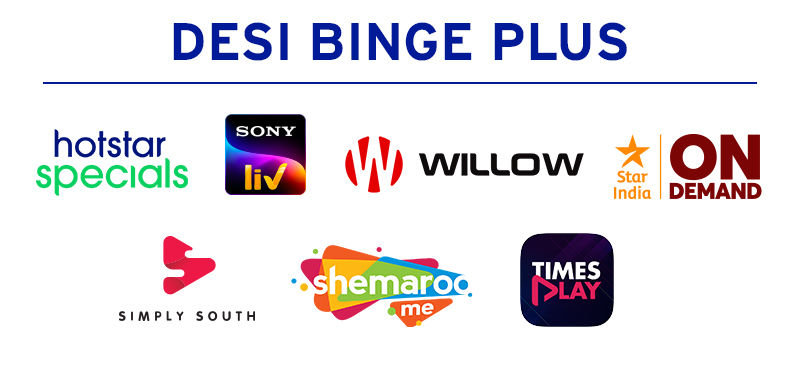 Desi Binge Plus includes Hotstar Specials, SonyLIV, Willow, Star India On Demand, Simply South, Shemaroo Me TV, and Times Play.
